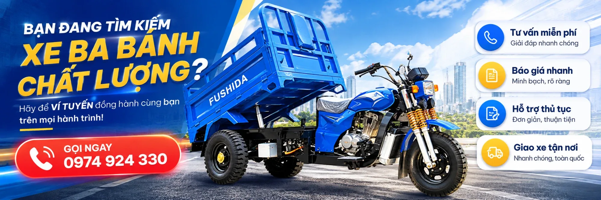 Bạn đang tìm kiếm xe ba bánh chất lượng? Gọi ngay 0974 924 330 – tư vấn miễn phí, báo giá nhanh, hỗ trợ thủ tục, giao xe tận nơi